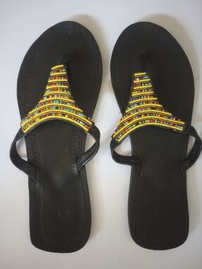 Black Handcrafted Beaded T-Strap Thong Leather Sandals Yellow Multicolor Beads
